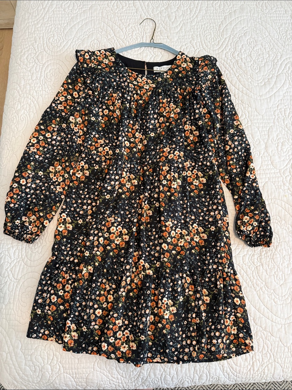 Hayden Black Floral Tiered Dress with Orange and Cream Blooms